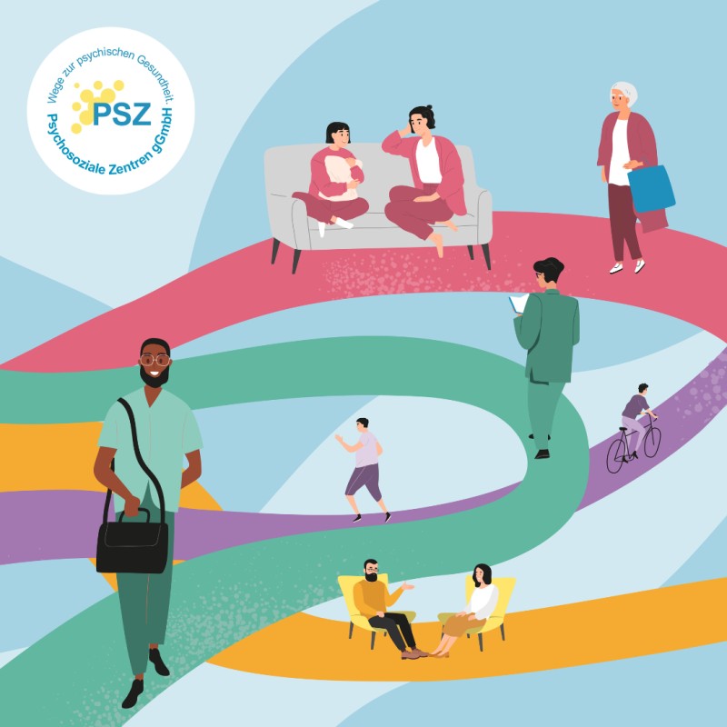 Die PSZ (Psychosoziale Zentren gGmbH) unterstützt Menschen mit psychischen Erkrankungen und ihre Angehörigen durch Beratung, Behandlung, soziale und berufliche Rehabilitation sowie rund ums Wohnen. © Grafik: ERFINDERISCH], Foto: PSZ / Die Psychosoziale Zentren gGmbH 