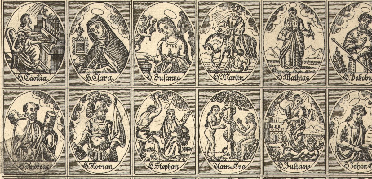 : Andachtsbild mit Darstellungen von 30 verschiedenen Heiligen,  Österreichischer Kupferstich, frühes 18. Jahrhundert © Volkskundemuseum Wien