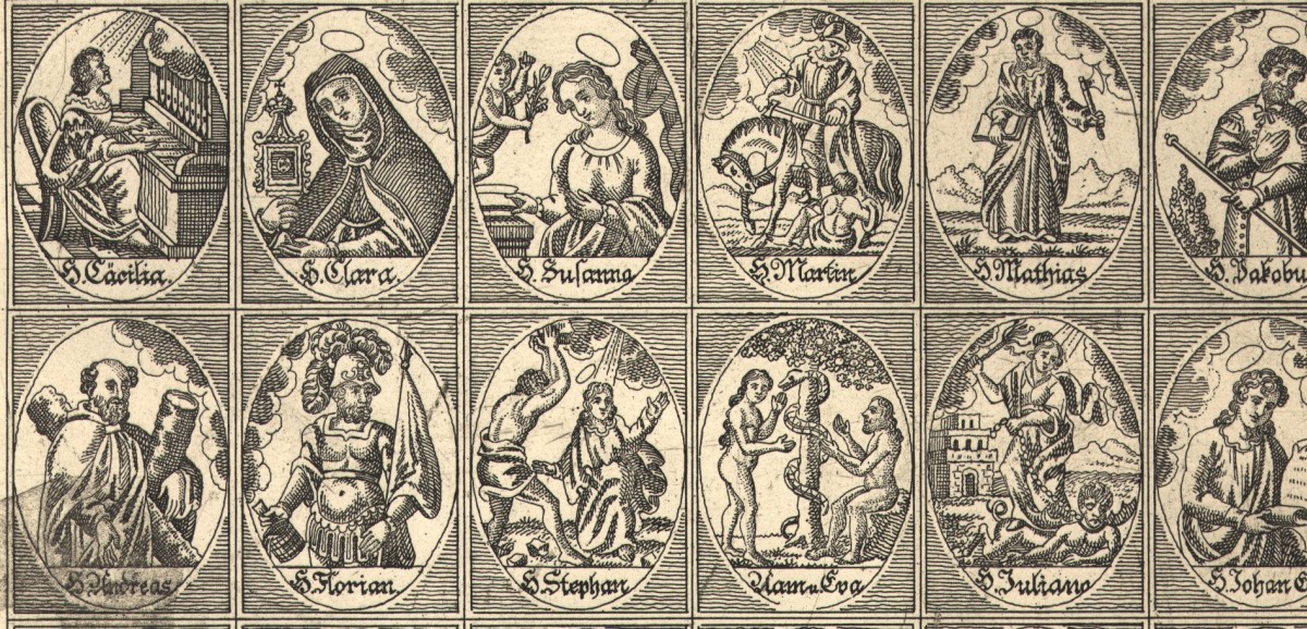 : Andachtsbild mit Darstellungen von 30 verschiedenen Heiligen,  Österreichischer Kupferstich, frühes 18. Jahrhundert © Volkskundemuseum Wien