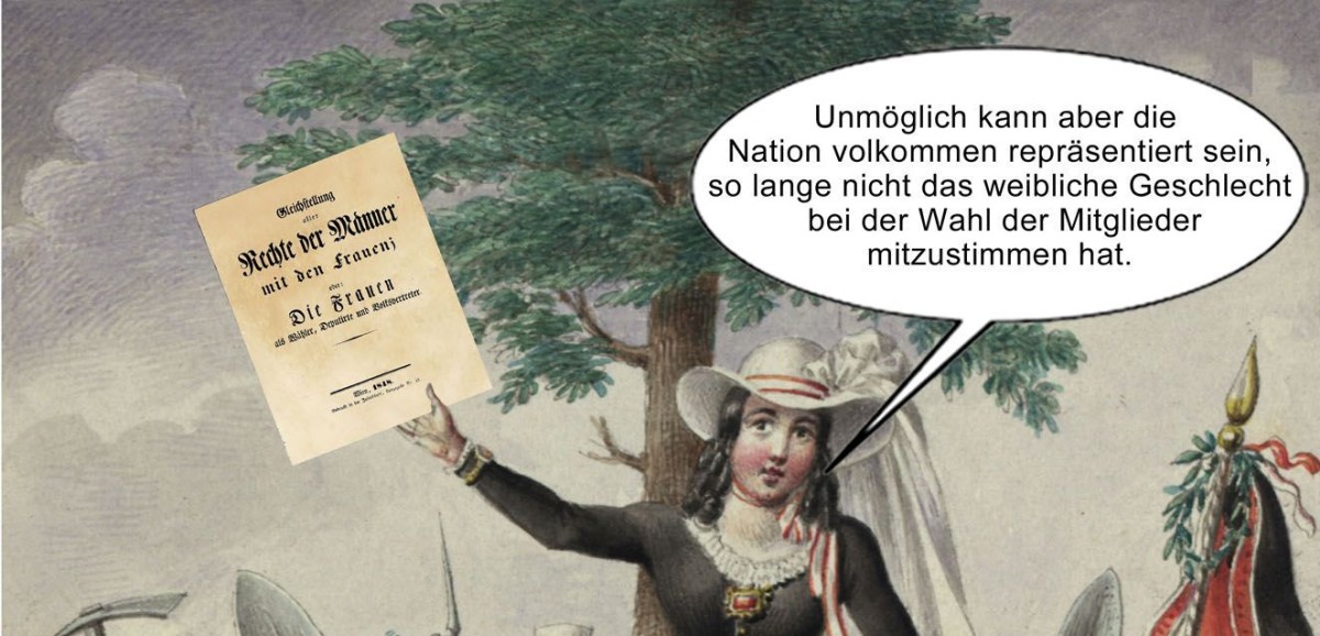 : „… es wäre falsch, das Stimmrecht allgemein zu nennen“. Collage von Peter Karlhuber unter Verwendung des Aquarells Die Carolinen-Barrikade von Johann Christian Schoeller und einer Wiener Flugschrift aus dem Jahr 1848. Wien Museum, Johanna Dohnal-Archiv.