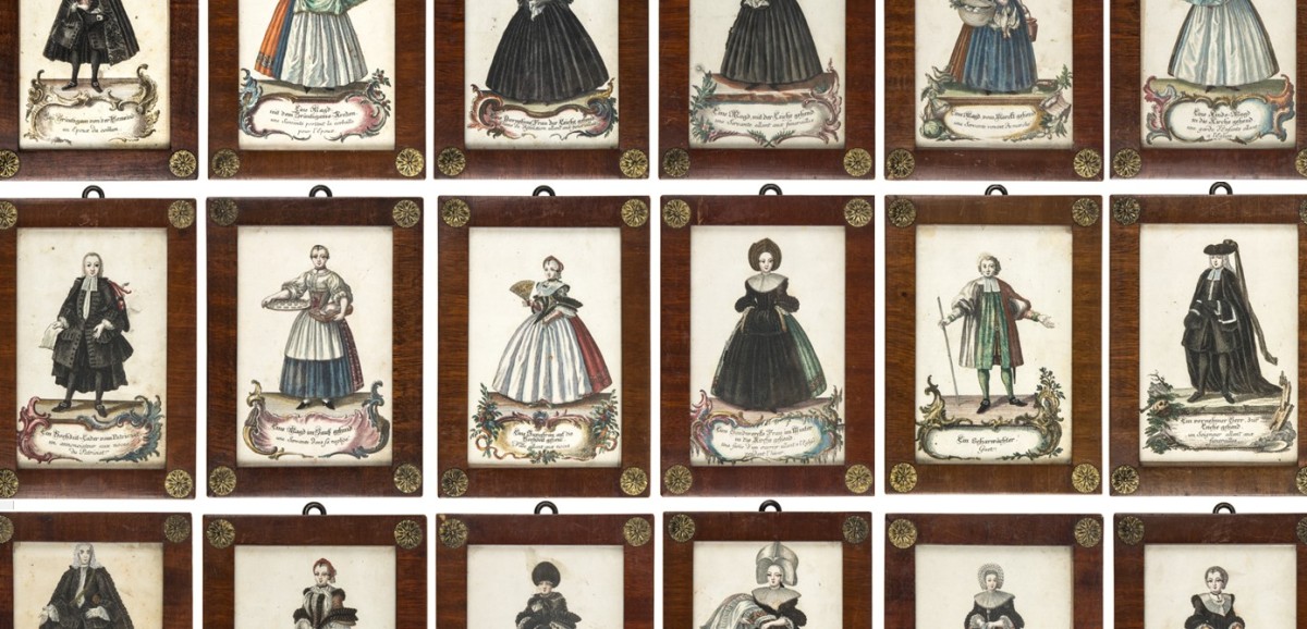 : Bildmontage einiger gerahmter Kupferstiche (um 1740) aus der Sammlung von Anna und Konrad Mautner | ÖMV/44087 bis ÖMV/44115, 1939 inventarisiert | Fotos: Christa Knott © Volkskundemuseum Wien