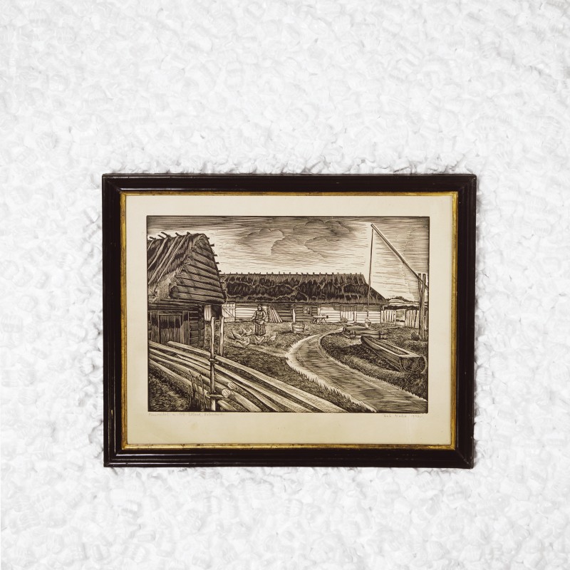 Estland: Bauernhof in Nord-Estland, Holzschnitt, J. Naha, 1942 © Volkskundemuseum Wien 