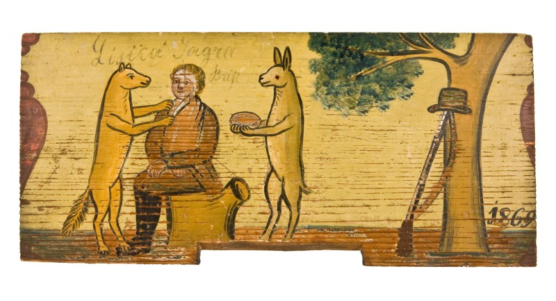 : Fuchs und Hase rasieren den Jäger. In dieser Szene nehmen die Tiere menschliche Rollen ein, wodurch der Jäger der Lächerlichkeit preisgegeben wird. Krain (Dežela Kranjska), Slowenien; datiert 1869.